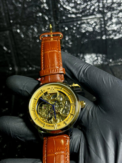 Fitron Auto Watch Skeleton Dial Brown Strap