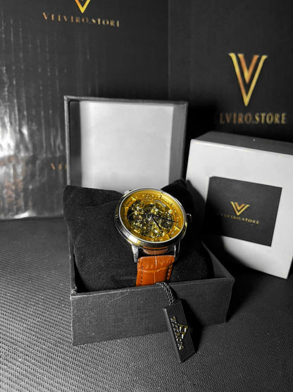 Fitron Auto Watch Skeleton Dial Brown Strap